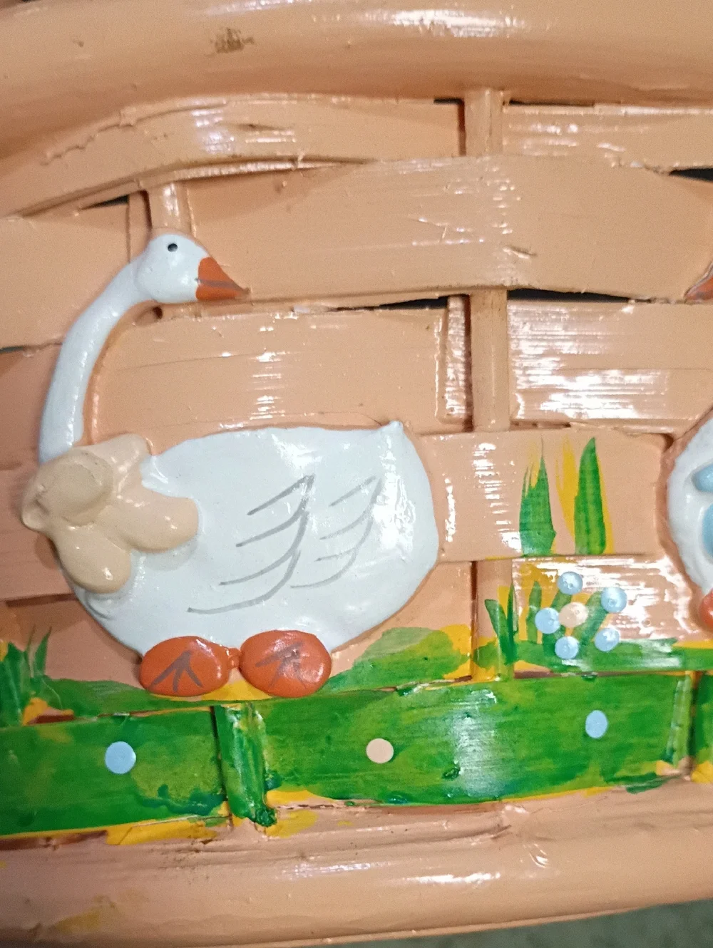 Vintage Cottage Core 4 Ducks Or Geese Peach Handpainted Basket